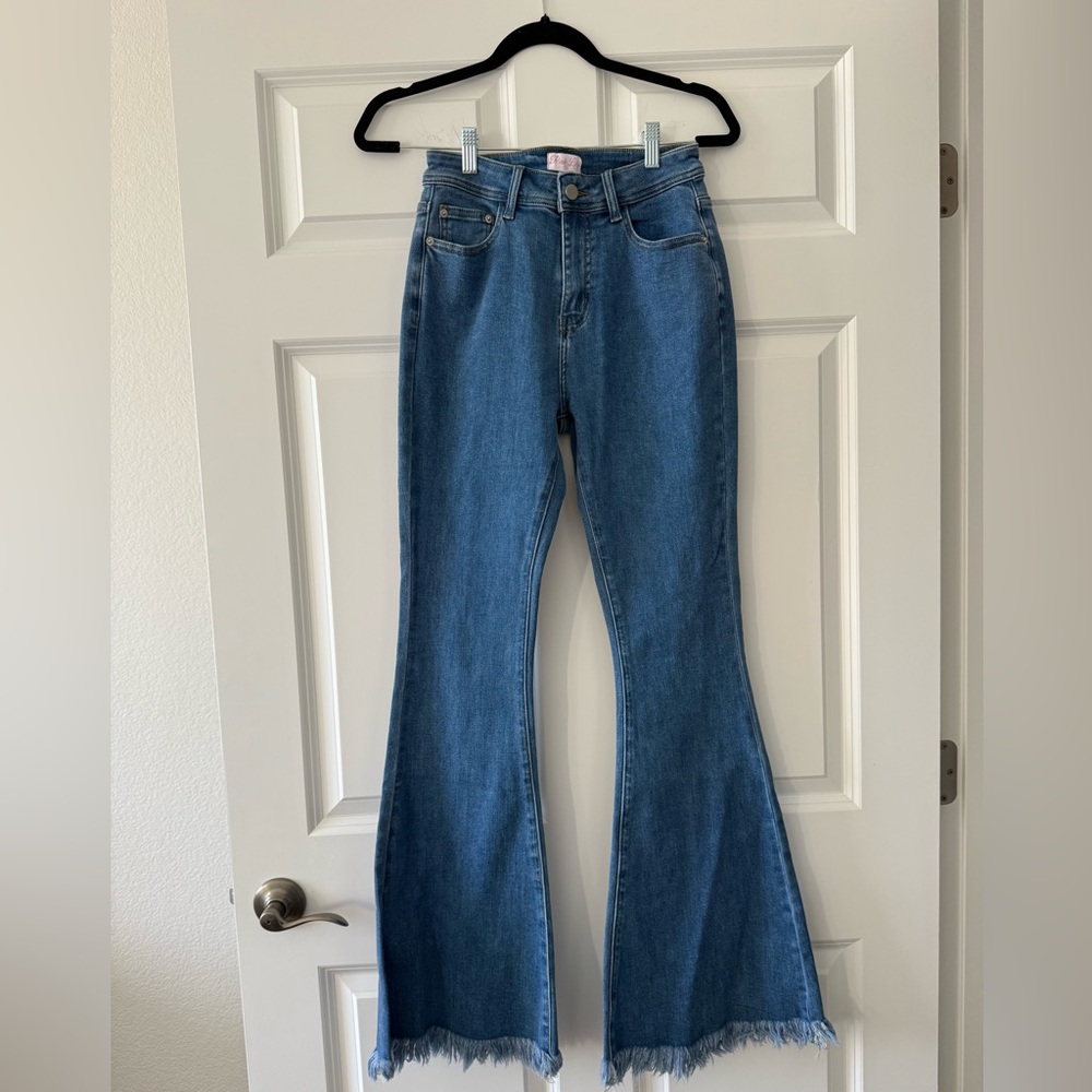 Pink Lily Blue Flare Jeans with Frayed Hem